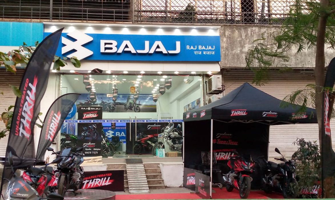 Raj Bajaj Byculla showroom interior with new Bajaj motorcycle